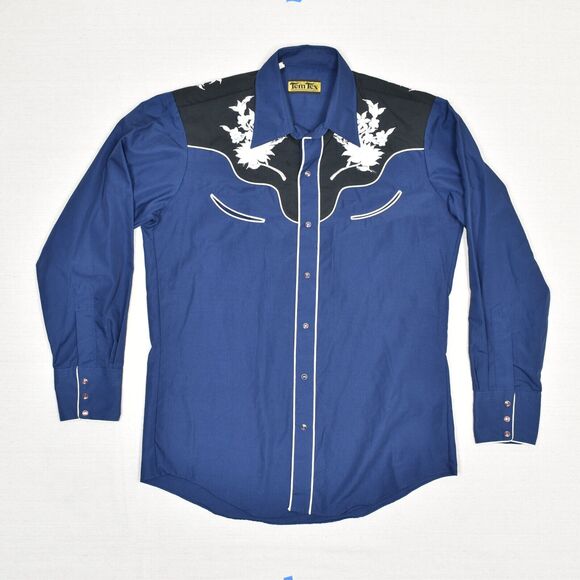 Tem Tex Men Pearl Snap Shirt Western Long Sleeve Cotton Blue Size 16 - 34 VTG - Picture 1 of 8